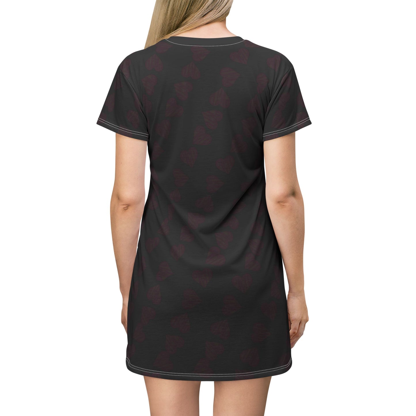Heart Black/pink letters in heart Pattern T-Shirt Dress, Cute Casual Dress, Gift for Her, Summer Fashion, Valentine’s Day Outfit, Everyday Wear