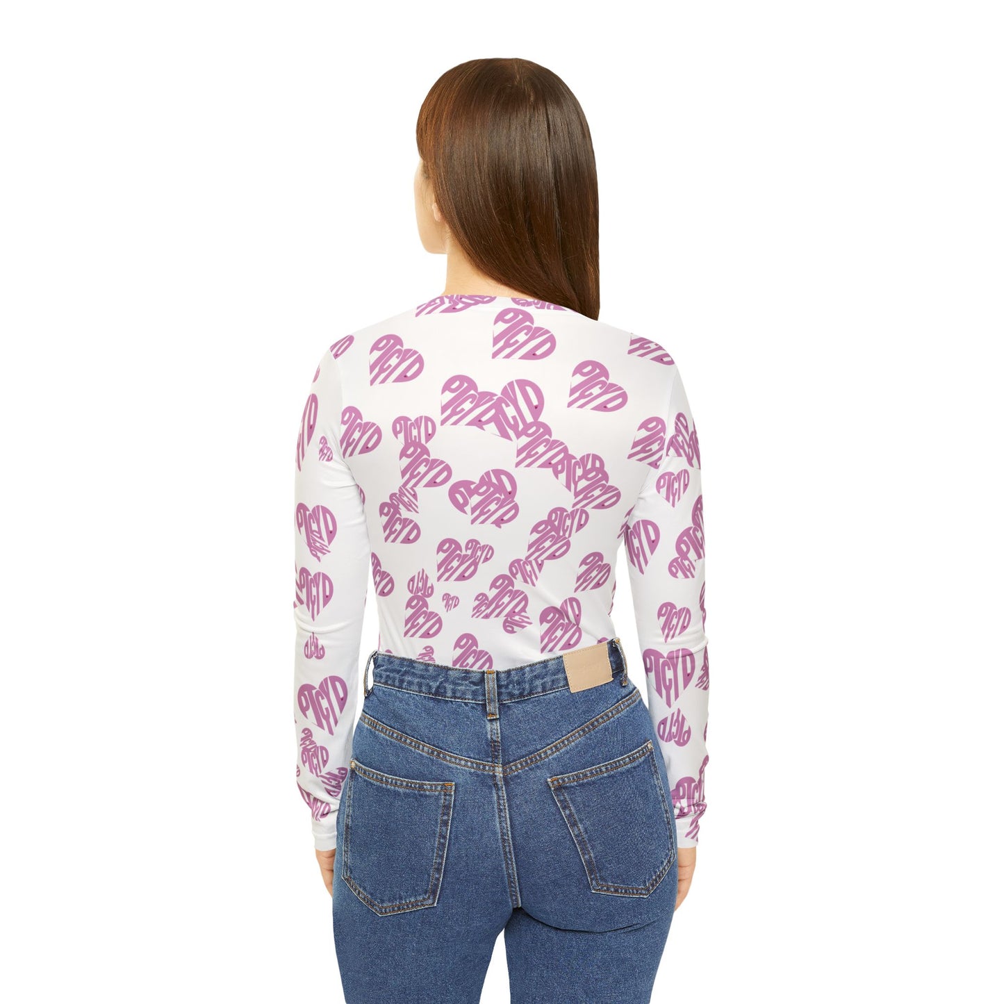 Heart Print Women's Long Sleeve V-neck Shirt, Cute Pink Graphic Tee, Valentine's Day Gift, Casual Wear, Holiday Tops