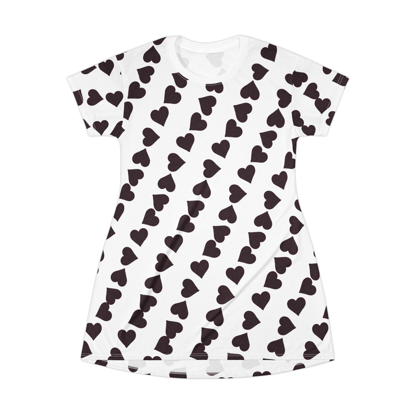 Heart White/pink letters in heart Pattern T-Shirt Dress, Cute Casual Dress, Gift for Her, Summer Fashion, Valentine’s Day Outfit, Everyday Wear