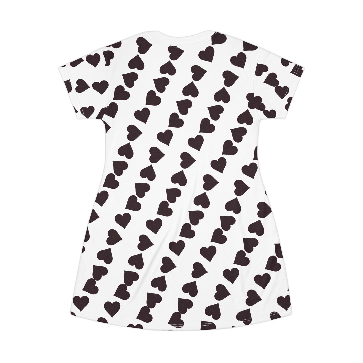 Heart White/pink letters in heart Pattern T-Shirt Dress, Cute Casual Dress, Gift for Her, Summer Fashion, Valentine’s Day Outfit, Everyday Wear