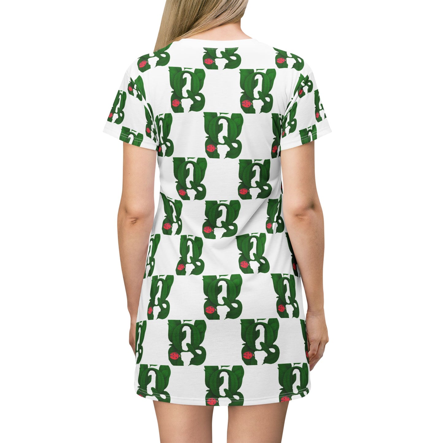Club Queen PTCYD Whimsical All-Over Print T-Shirt Dress, Fun Casual Wear, Cute Summer Dress, Perfect for Parties and Everyday Adventures, Green Vintage Style
