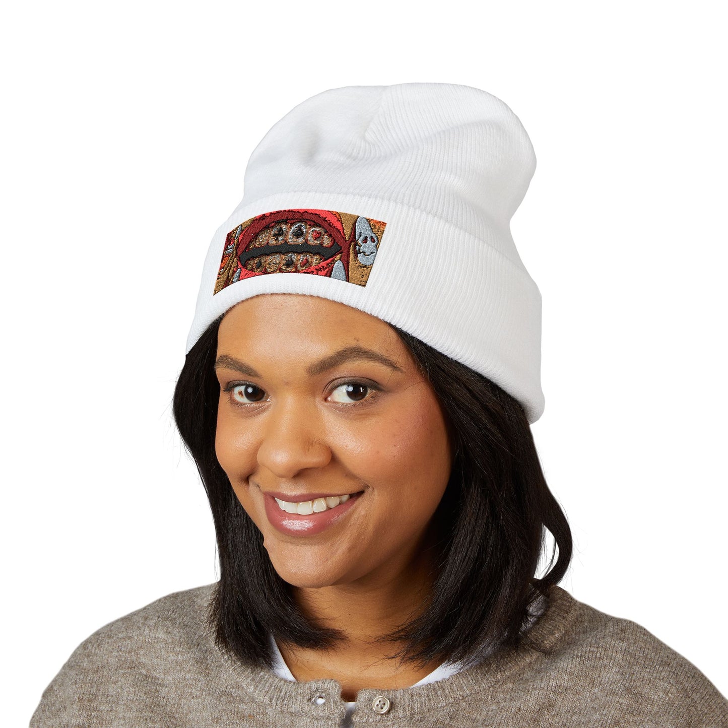 Grill 1 of 1 Unique Embroidered Beanie with Bold Graphic Design