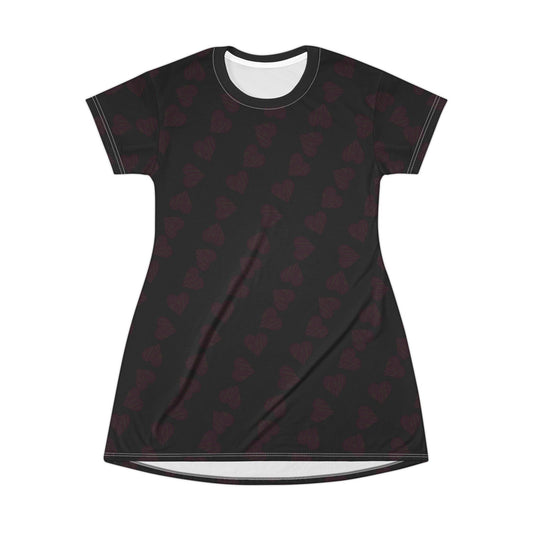 Heart Black/pink letters in heart Pattern T-Shirt Dress, Cute Casual Dress, Gift for Her, Summer Fashion, Valentine’s Day Outfit, Everyday Wear