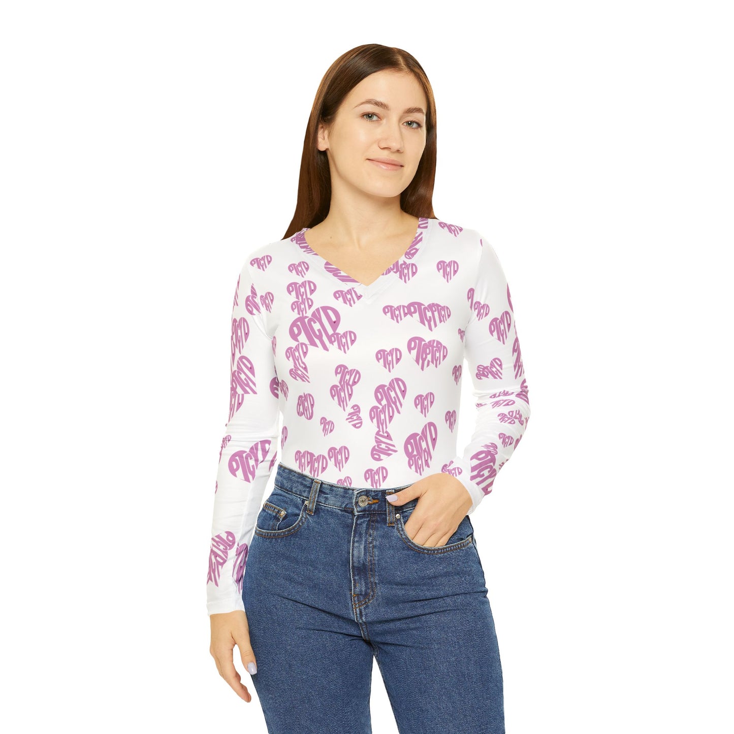 Heart Print Women's Long Sleeve V-neck Shirt, Cute Pink Graphic Tee, Valentine's Day Gift, Casual Wear, Holiday Tops
