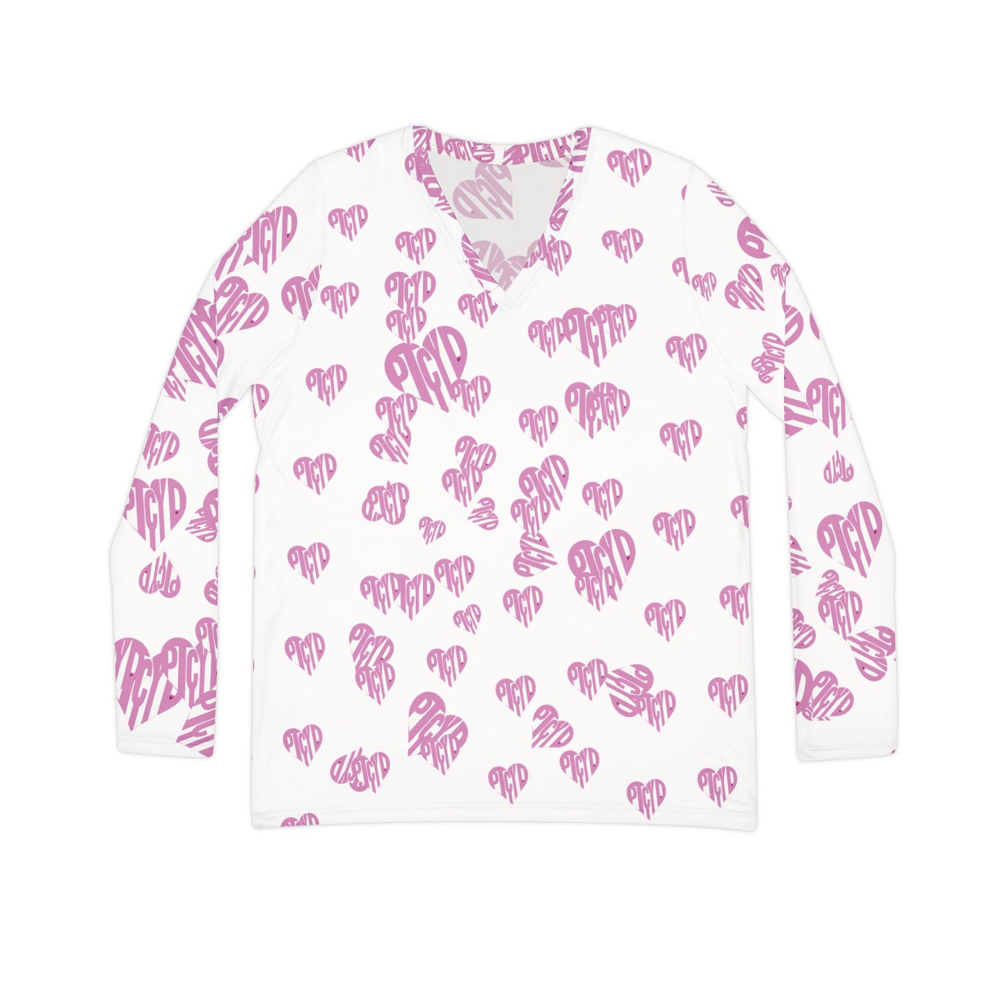 Heart Print Women's Long Sleeve V-neck Shirt, Cute Pink Graphic Tee, Valentine's Day Gift, Casual Wear, Holiday Tops