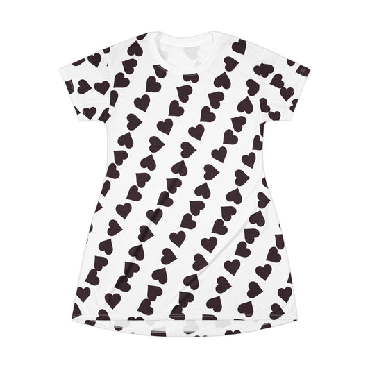 Heart White/pink letters in heart Pattern T-Shirt Dress, Cute Casual Dress, Gift for Her, Summer Fashion, Valentine’s Day Outfit, Everyday Wear