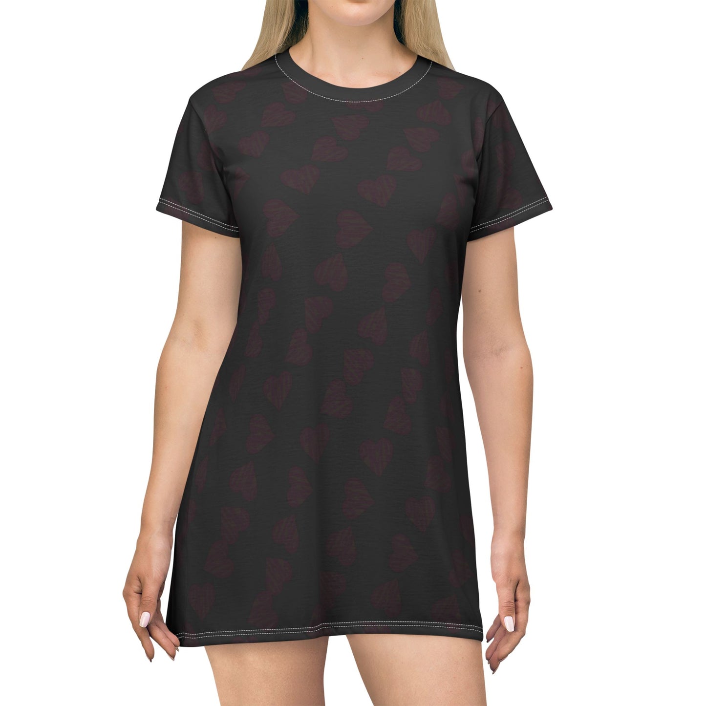 Heart Black/pink letters in heart Pattern T-Shirt Dress, Cute Casual Dress, Gift for Her, Summer Fashion, Valentine’s Day Outfit, Everyday Wear