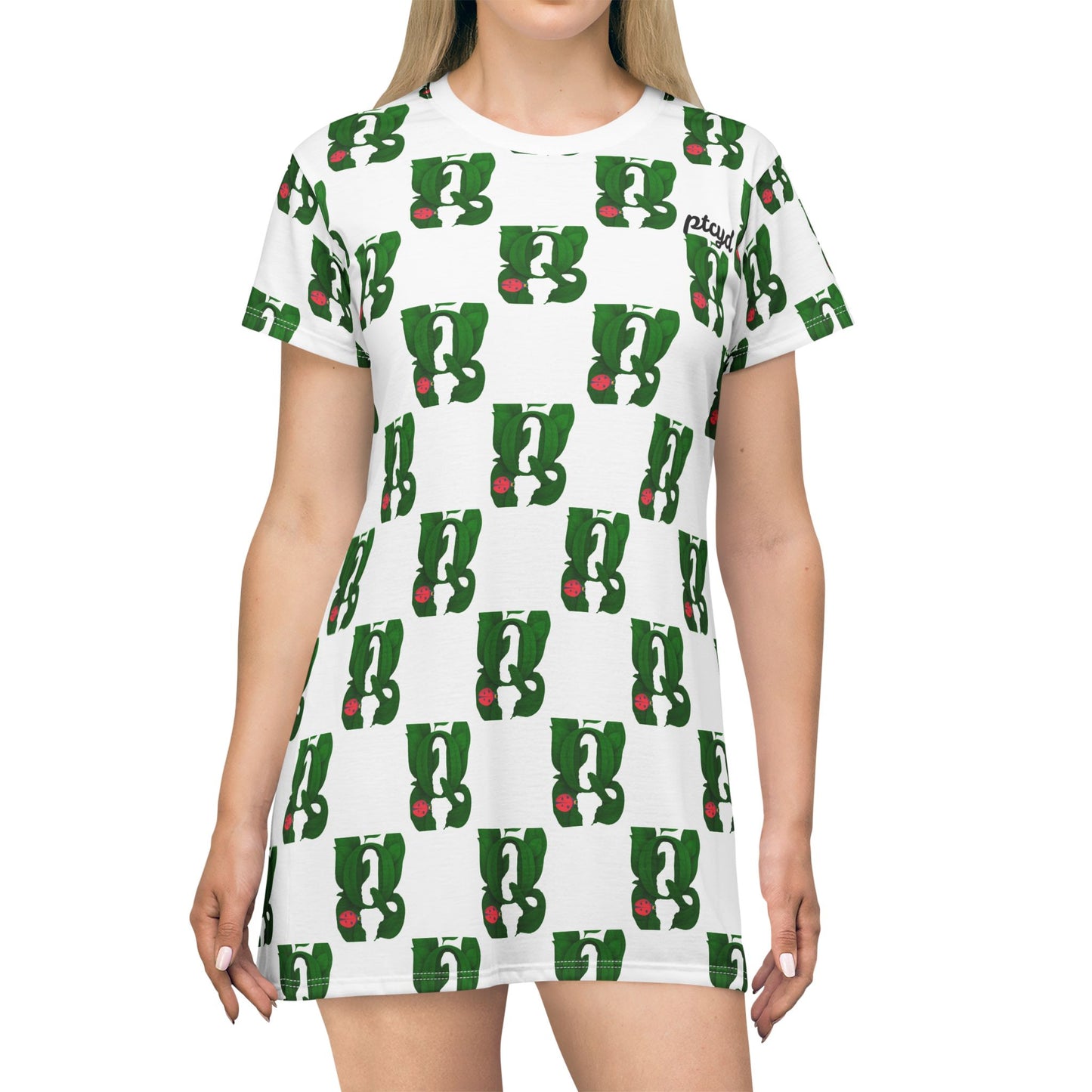 Club Queen PTCYD Whimsical All-Over Print T-Shirt Dress, Fun Casual Wear, Cute Summer Dress, Perfect for Parties and Everyday Adventures, Green Vintage Style