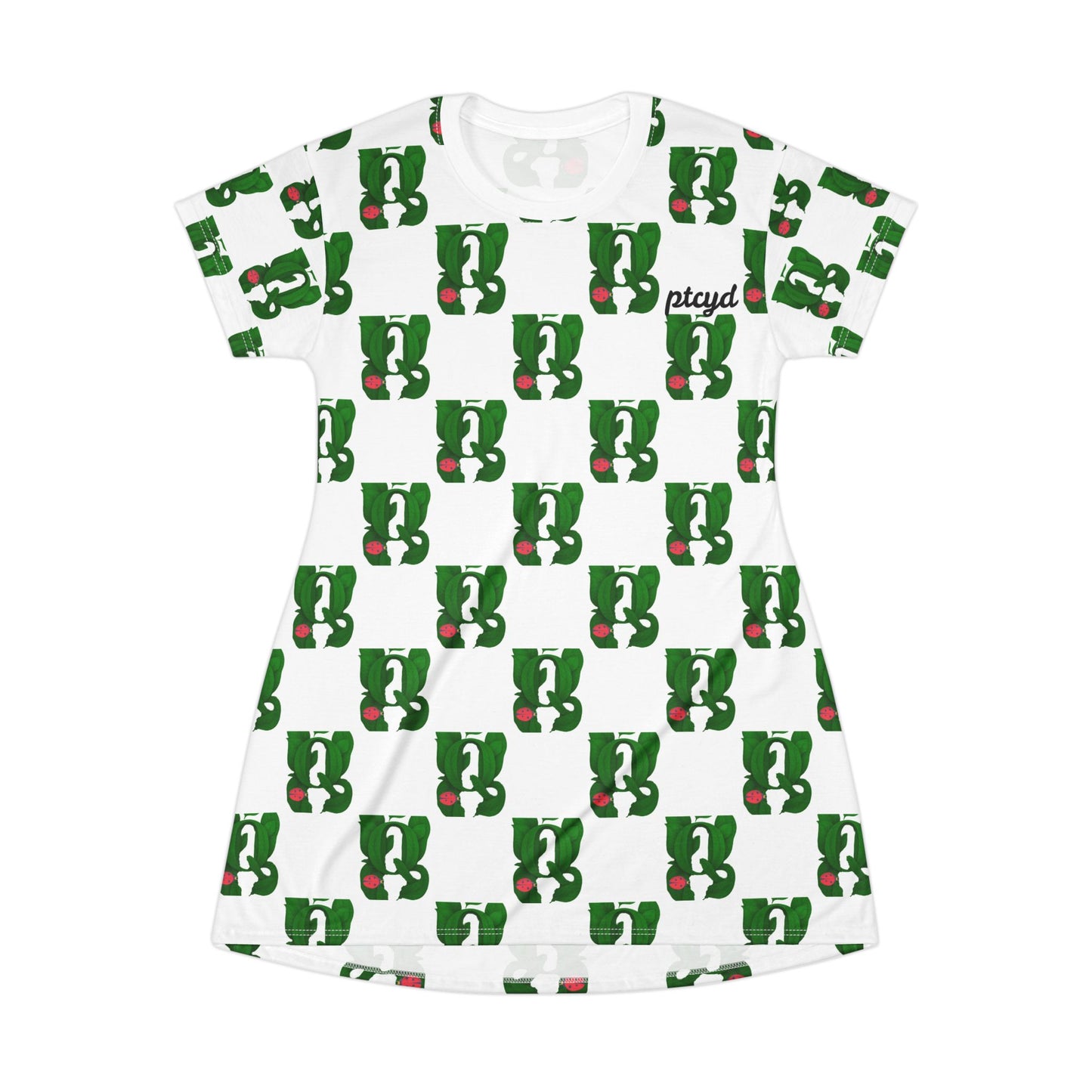 Club Queen PTCYD Whimsical All-Over Print T-Shirt Dress, Fun Casual Wear, Cute Summer Dress, Perfect for Parties and Everyday Adventures, Green Vintage Style