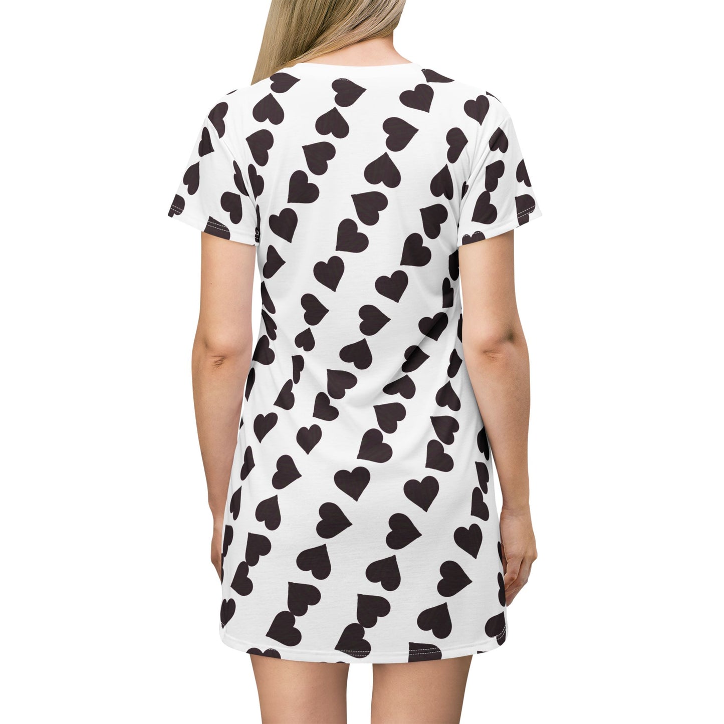 Heart White/pink letters in heart Pattern T-Shirt Dress, Cute Casual Dress, Gift for Her, Summer Fashion, Valentine’s Day Outfit, Everyday Wear