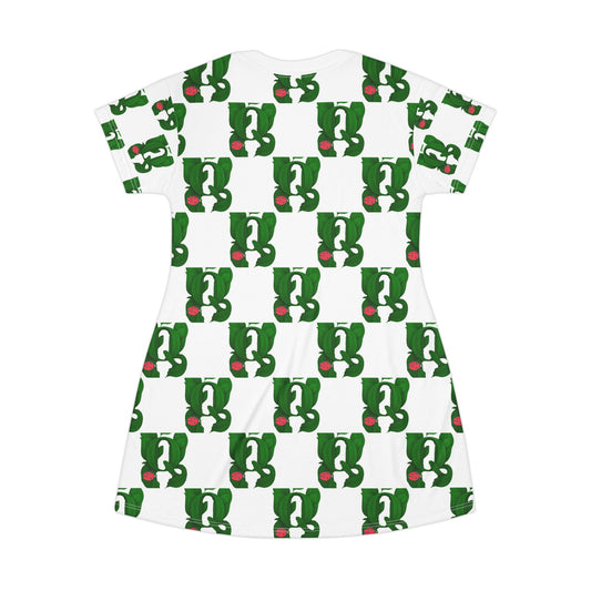 Club Queen PTCYD Whimsical All-Over Print T-Shirt Dress, Fun Casual Wear, Cute Summer Dress, Perfect for Parties and Everyday Adventures, Green Vintage Style